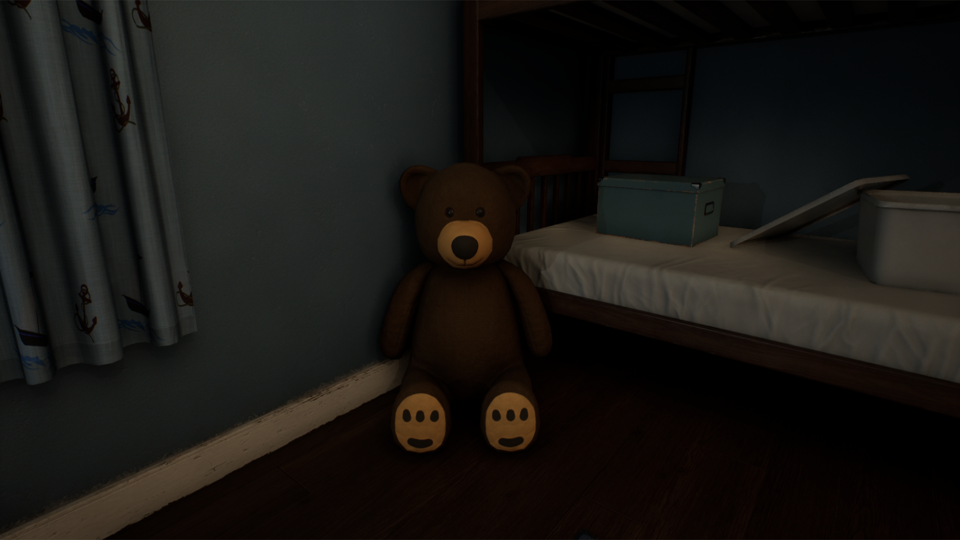 A teddy bear sat in the corner.