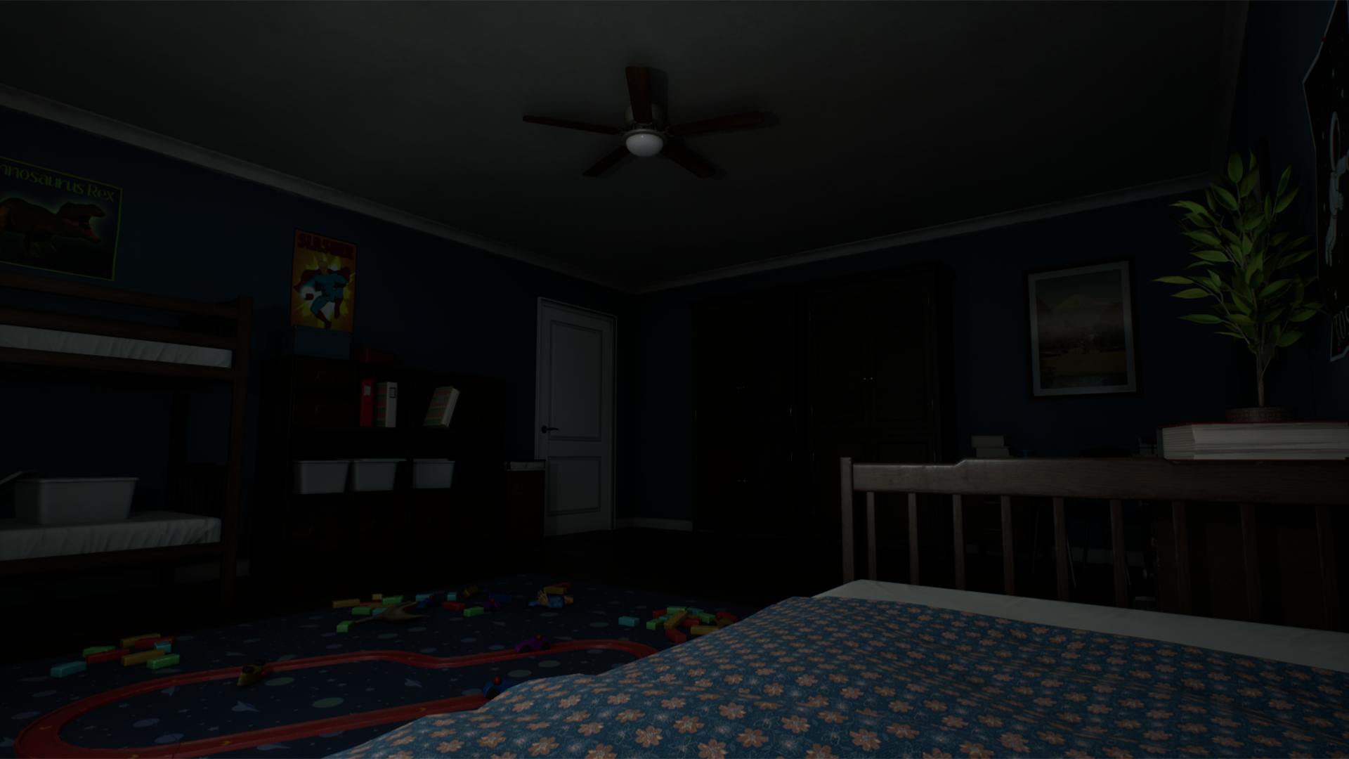 The same bedroom, in darkness.