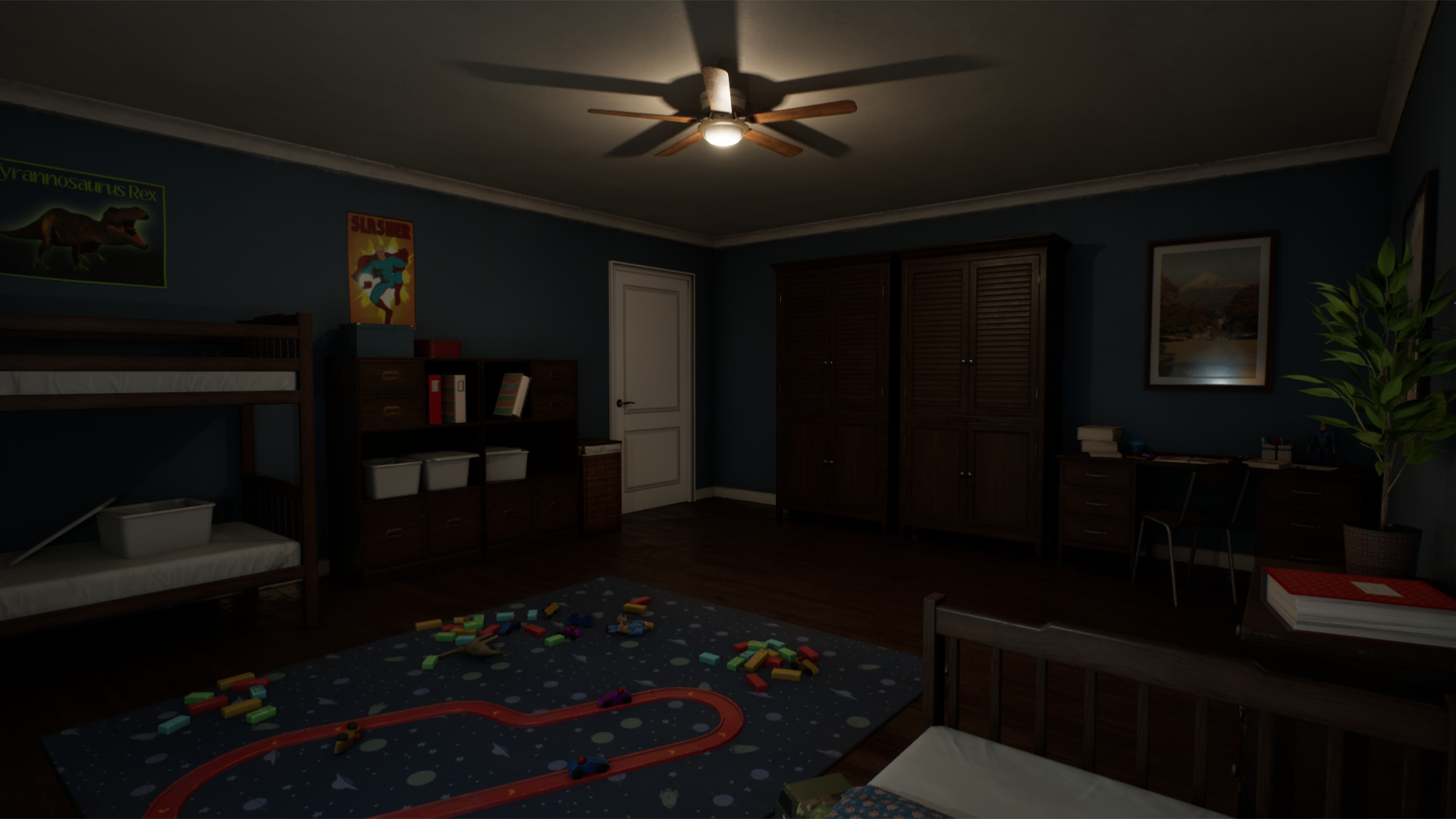 The bedroom by lamp light.